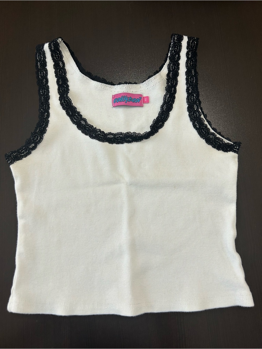 Edikted White Ribbed Tank with Black Lace Trim